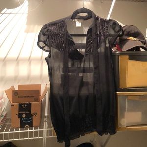 Sheer Black Blouse with Bow Tie Collar